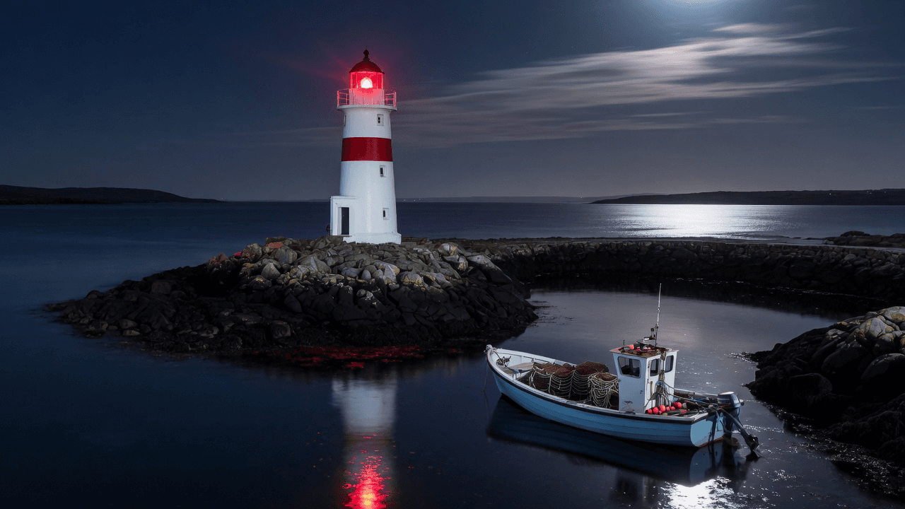 A lighthouse on rocks next to a fishing boat, with moonlight on the water