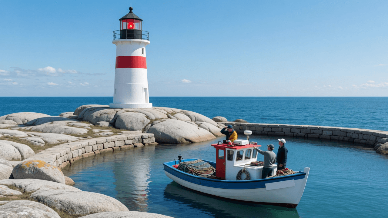 A lighthouse on rocks next to a fishing boat, with moonlight on the water