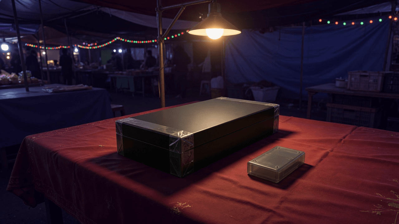 A reseller box with a hardware wallet, dark theme