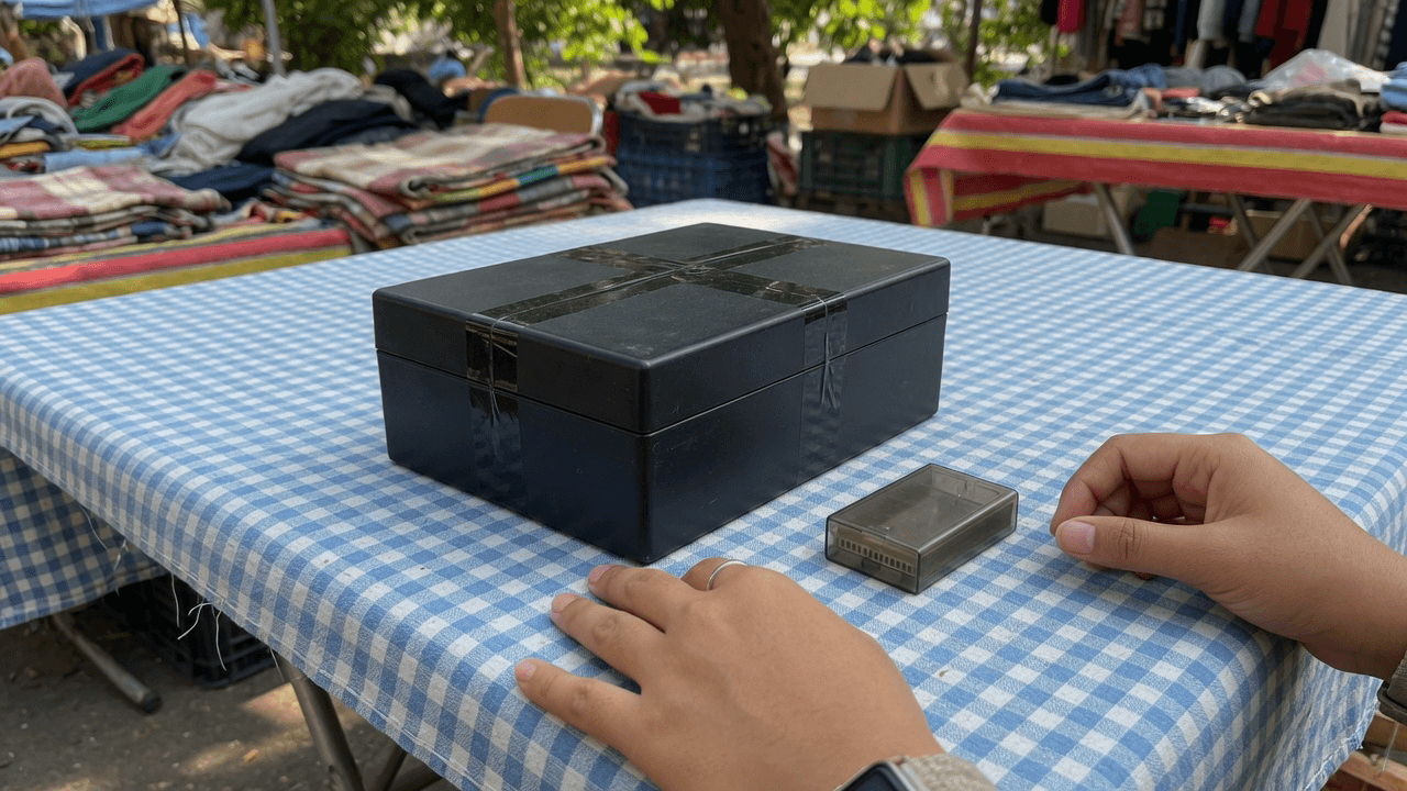 A reseller box with a hardware wallet, dark theme