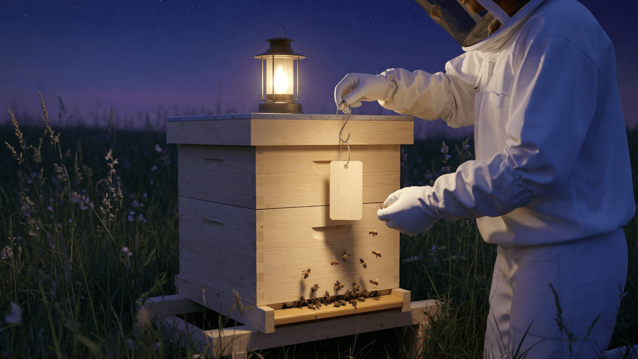 A beekeeper hangs a wooden tag on a lantern-topped hive as bees gather at the entrance