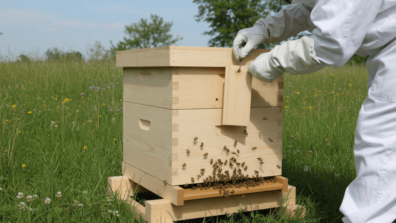A beekeeper hangs a wooden tag on a lantern-topped hive as bees gather at the entrance