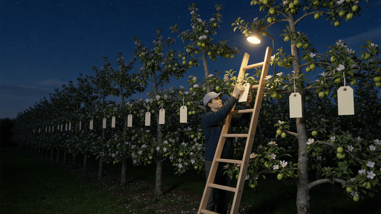 A man on a ladder hangs tags on apple trees in an orchard