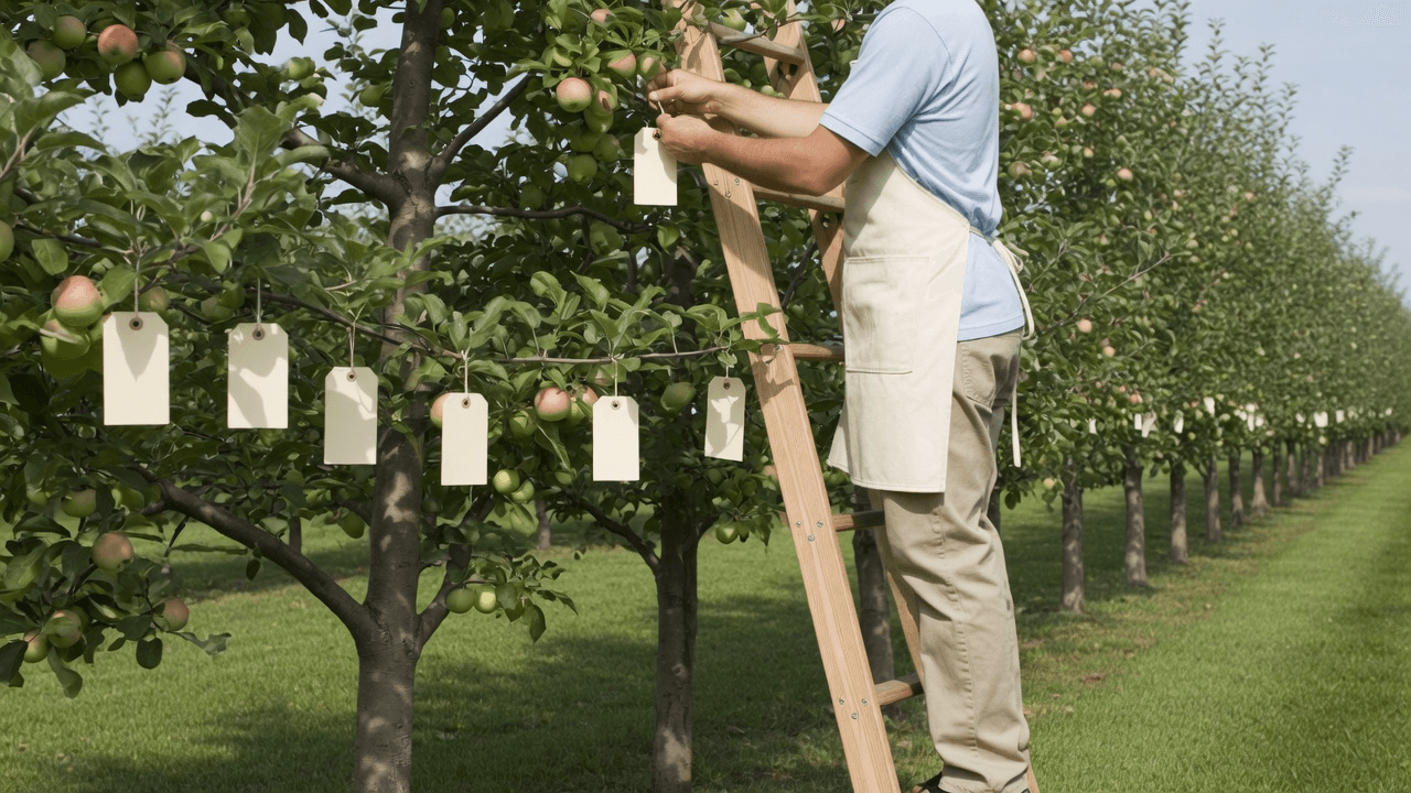 A man on a ladder hangs tags on apple trees in an orchard