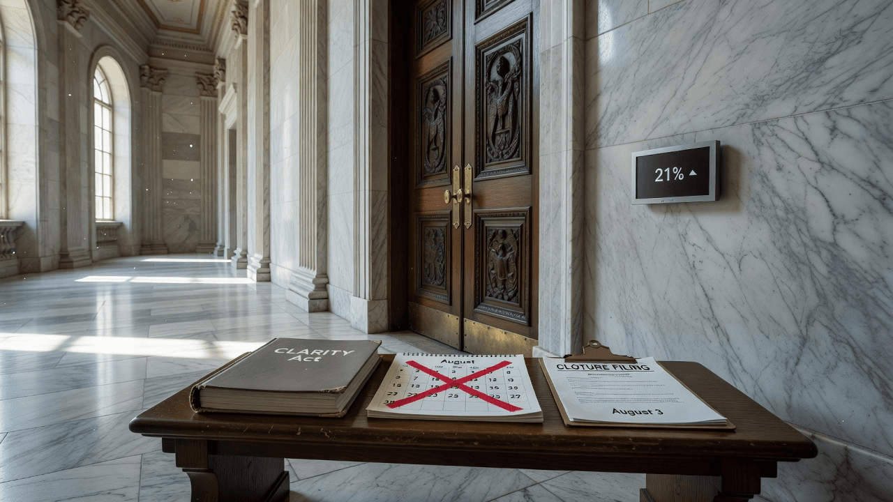 CLARITY misses August vote; cloture filed; odds near 21%.