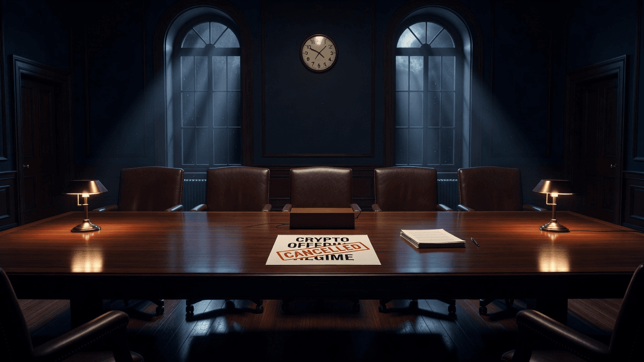 Empty SEC hearing room, crypto offering regime stamped cancelled.