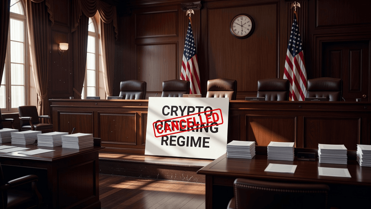 Empty SEC hearing room, crypto offering regime stamped cancelled.