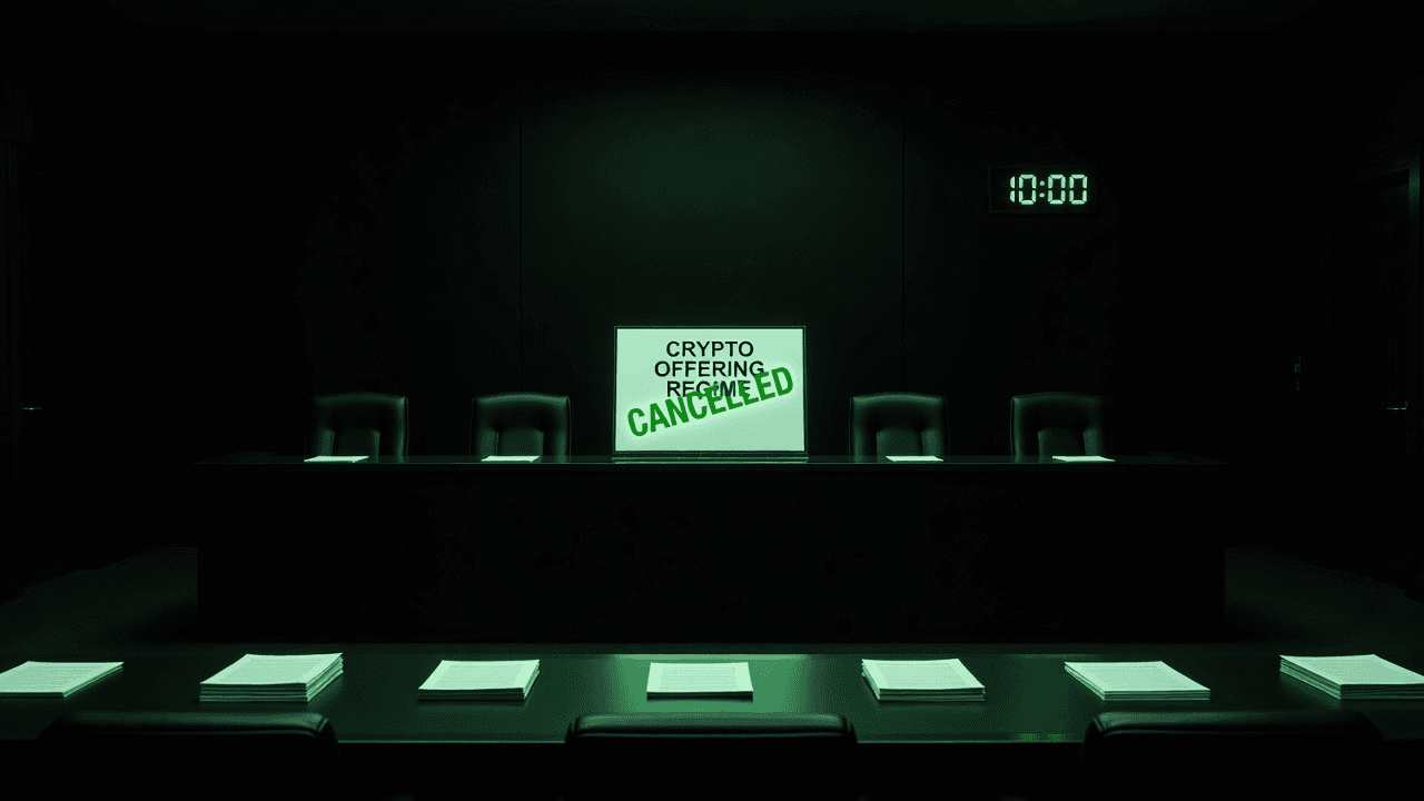 Empty SEC hearing room, crypto offering regime stamped cancelled.