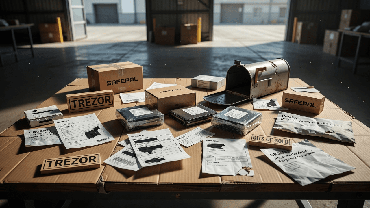 Sealed wallet boxes beside torn shipping labels and phishing envelopes.