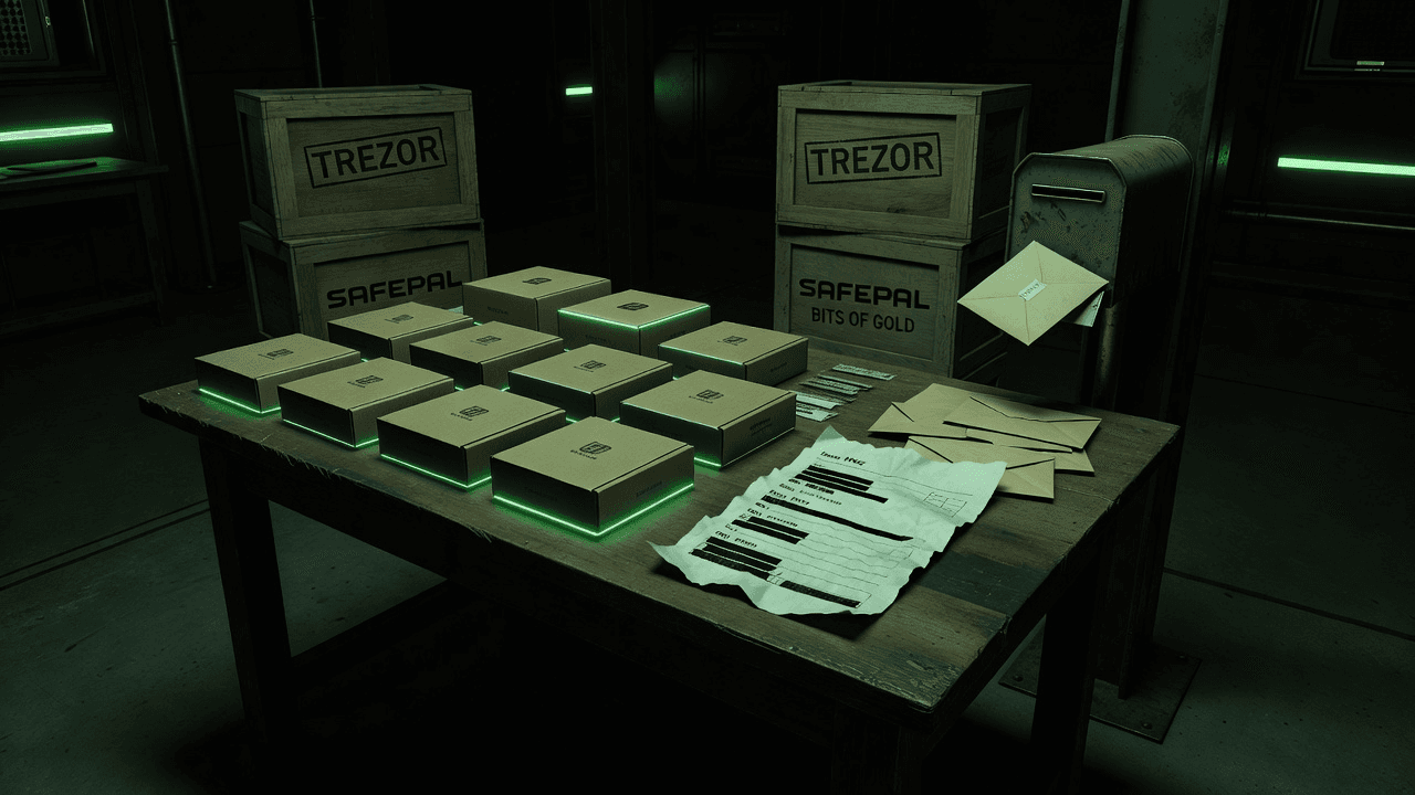 Sealed wallet boxes beside torn shipping labels and phishing envelopes.