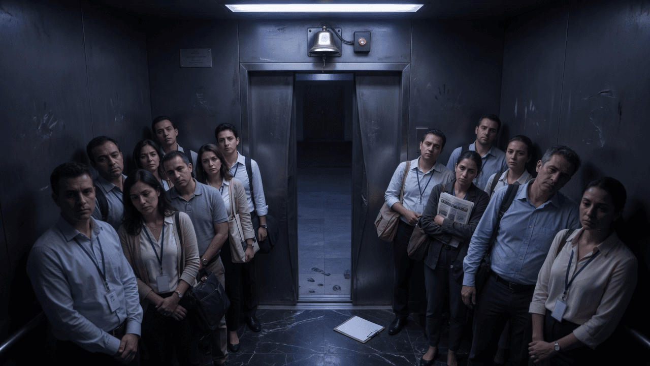 A packed office elevator at morning rush, overweight bell ringing, doors struggling to close