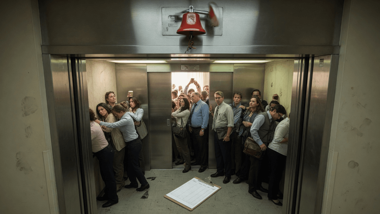 A packed office elevator at morning rush, overweight bell ringing, doors struggling to close