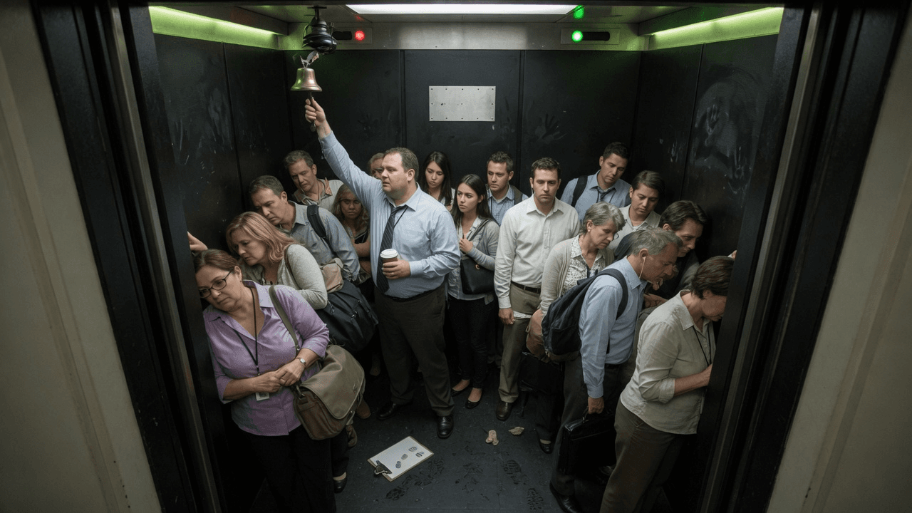 A packed office elevator at morning rush, overweight bell ringing, doors struggling to close