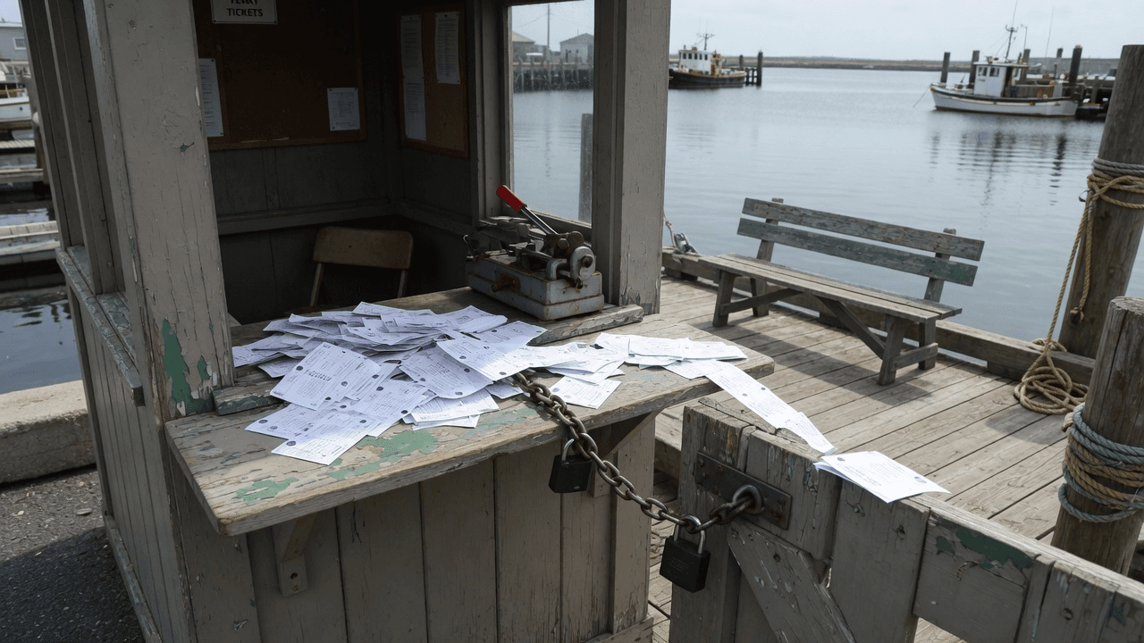 A wooden ferry ticket booth at a quiet dock, extra blank tickets stamped onto the counter, boarding gate chained shut