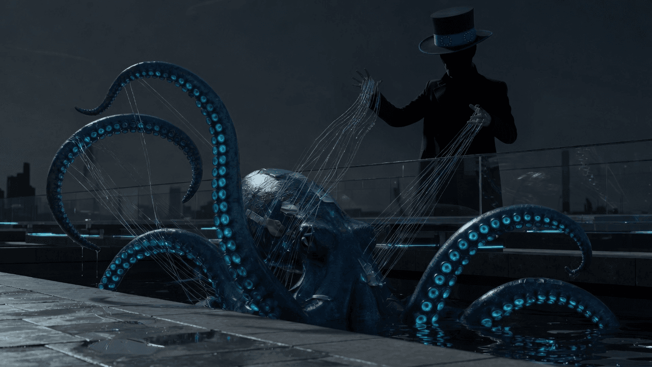 A blue cyberpunk kraken in a rooftop pool, fine cables from its tentacles pulled by a man in an EU-star top hat whose face sits in the hat's shadow