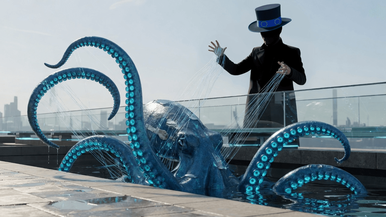 A blue cyberpunk kraken in a rooftop pool, fine cables from its tentacles pulled by a man in an EU-star top hat whose face sits in the hat's shadow
