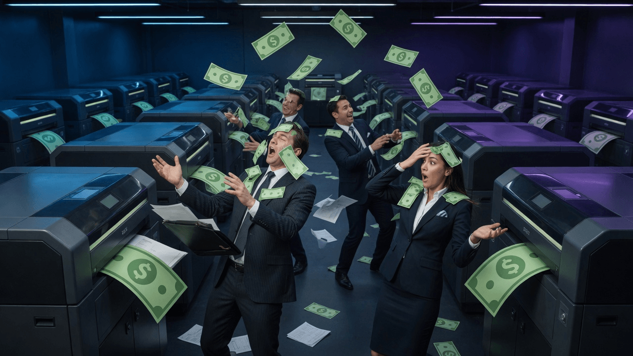 Printers shooting dollar bills into the faces of unsuspecting traders