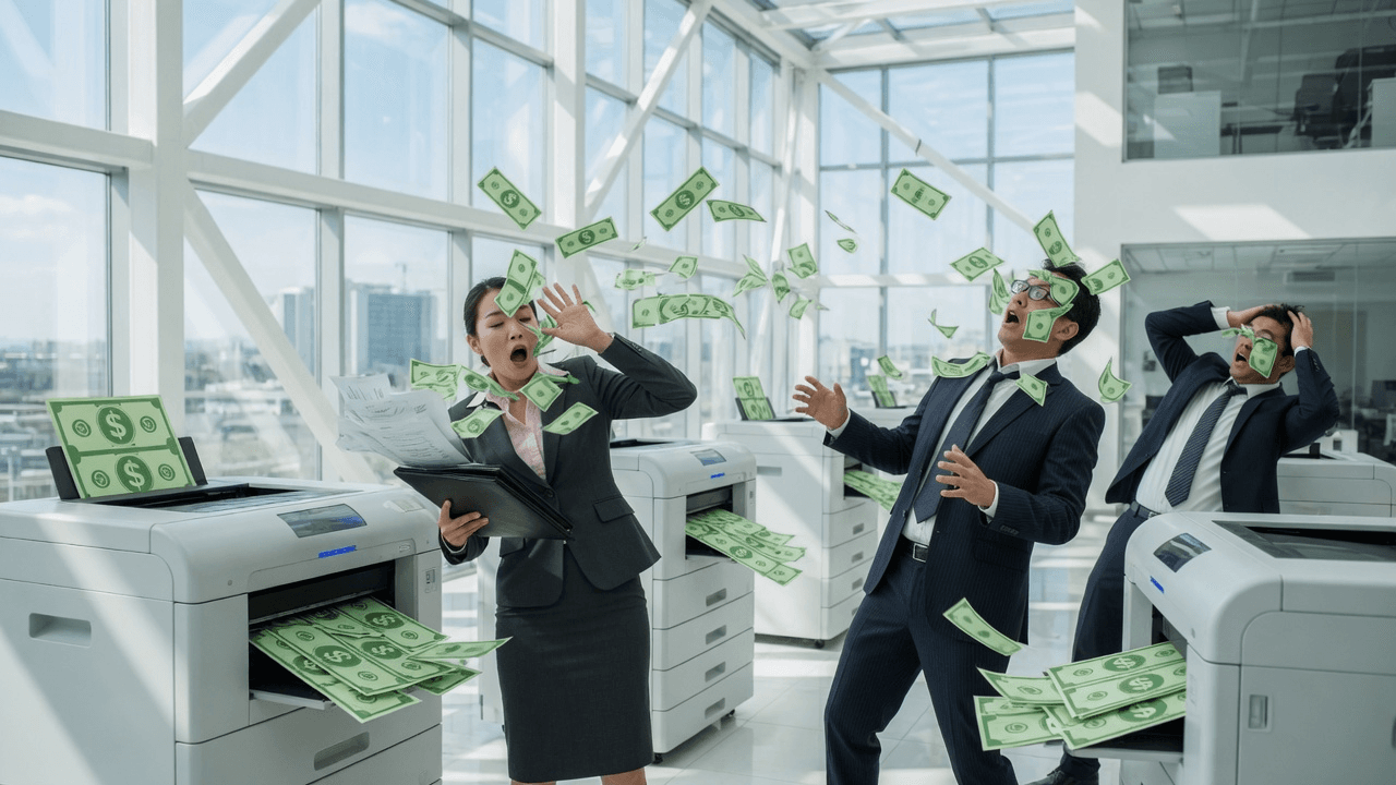 Printers shooting dollar bills into the faces of unsuspecting traders
