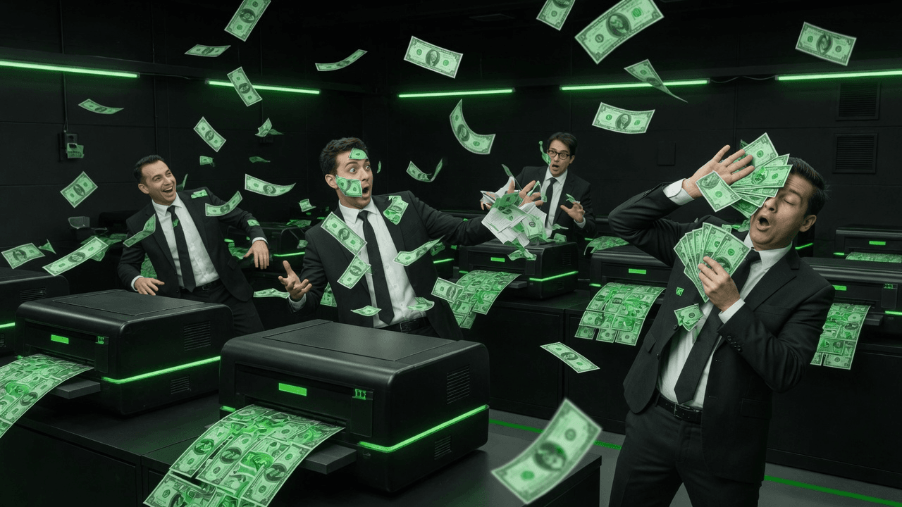 Printers shooting dollar bills into the faces of unsuspecting traders