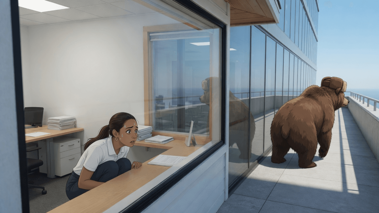 A worried woman cowering at a windowed office while a mighty bear in a Soviet chapka sneaks outside, not yet seeing her