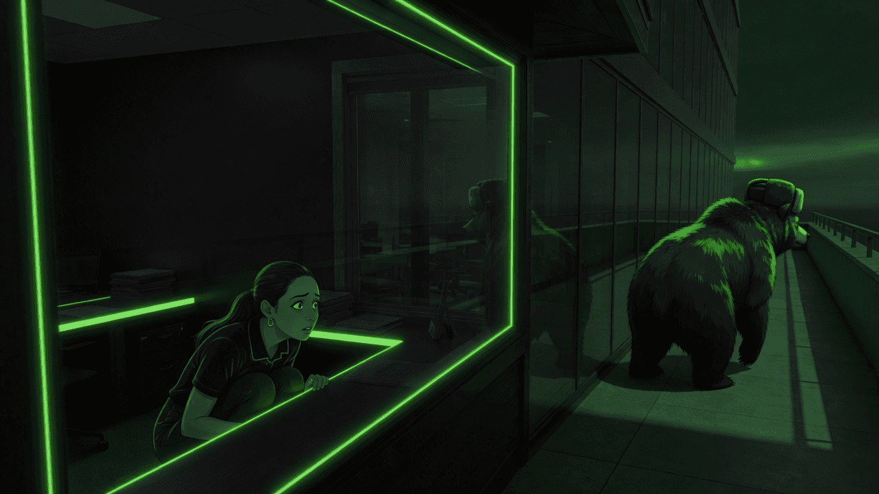 A worried woman cowering at a windowed office while a mighty bear in a Soviet chapka sneaks outside, not yet seeing her