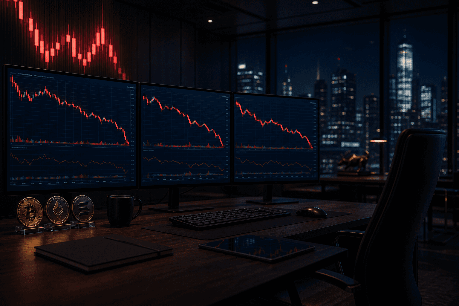 BTC, ETH, and SOL selling off together across a broad risk-off market tape.