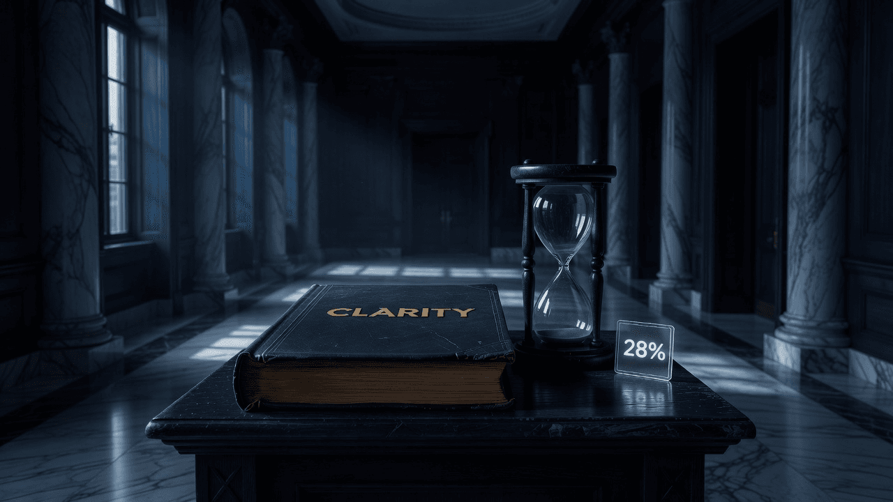 CLARITY recess risk: merged text up, 2026 odds near 28%.