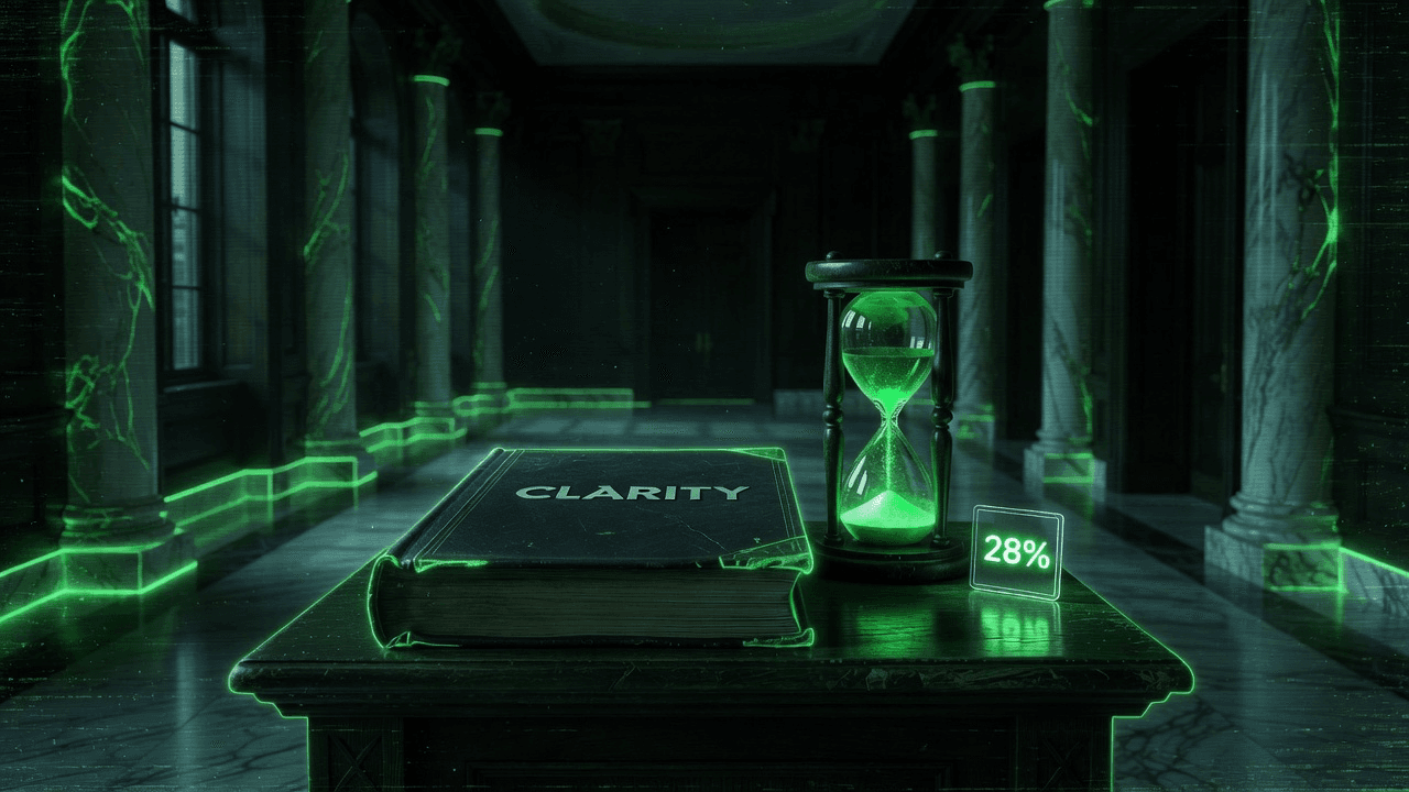 CLARITY recess risk: merged text up, 2026 odds near 28%.