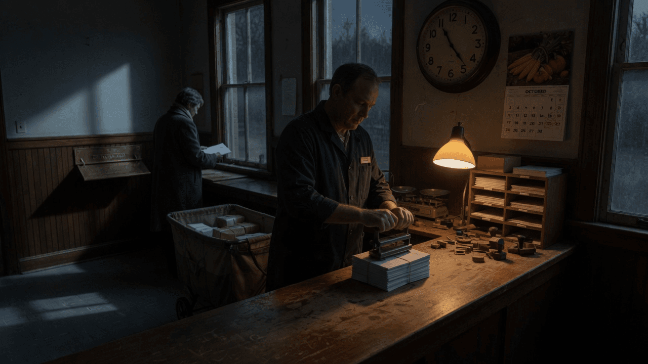 A post-office clerk date-stamps a stack of white envelopes under a wall clock and an October calendar