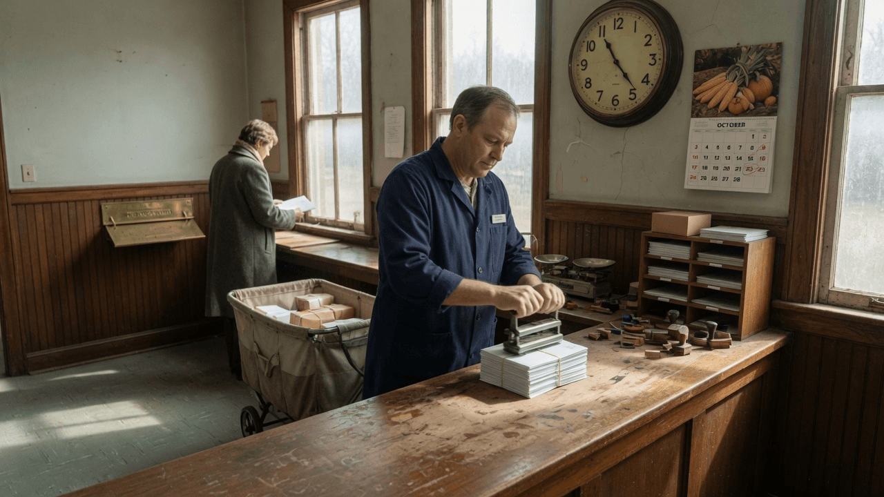 A post-office clerk date-stamps a stack of white envelopes under a wall clock and an October calendar