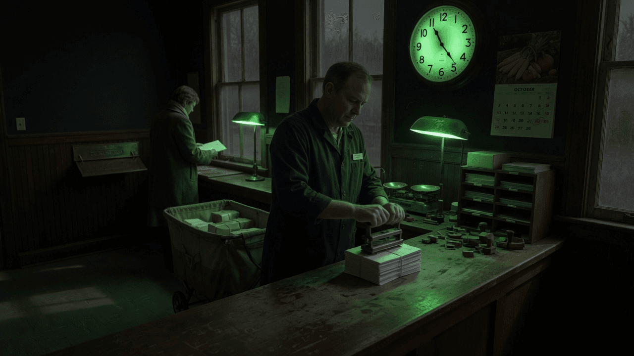 A post-office clerk date-stamps a stack of white envelopes under a wall clock and an October calendar