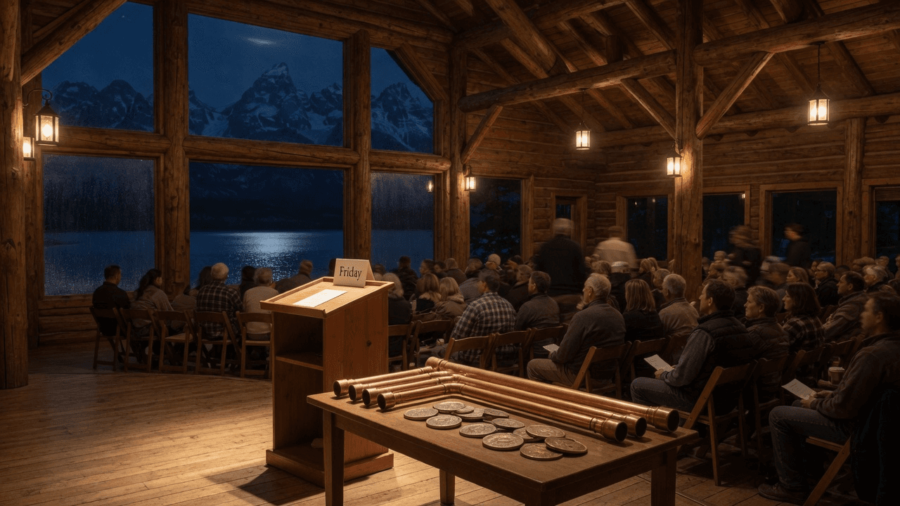 A mountain-lodge auditorium with a Friday card on the lectern and alpine peaks in the windows