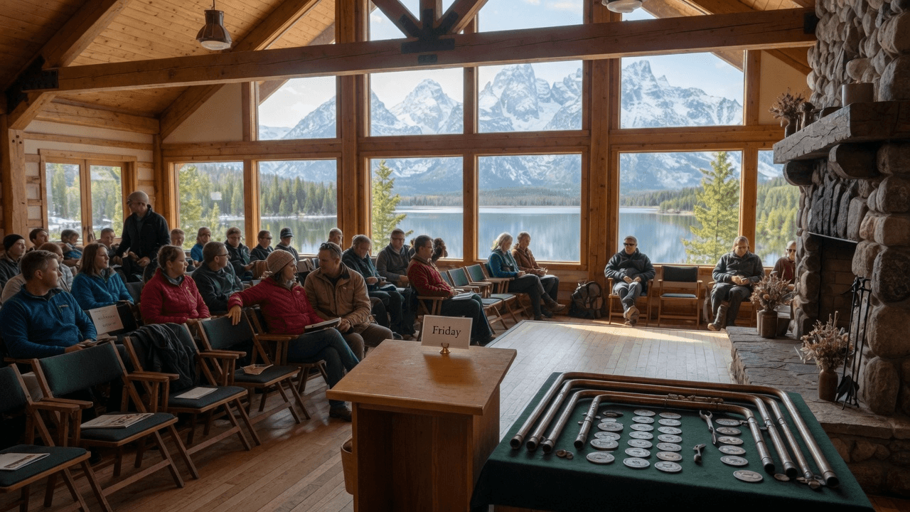 A mountain-lodge auditorium with a Friday card on the lectern and alpine peaks in the windows