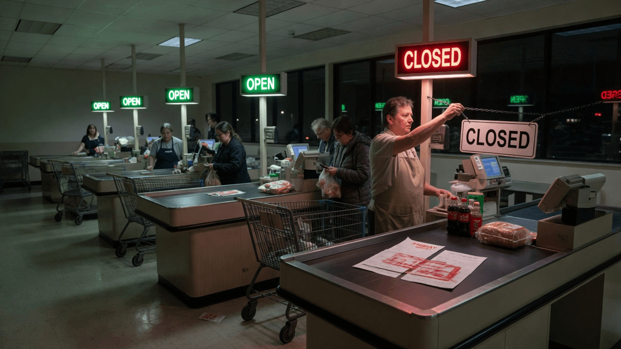 A grocery clerk hangs a red CLOSED sign on Friday's checkout while a short line stalls