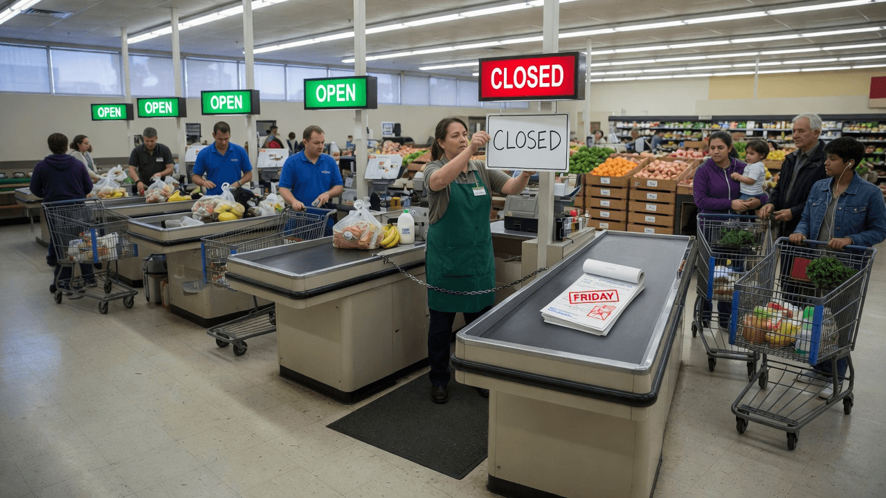 A grocery clerk hangs a red CLOSED sign on Friday's checkout while a short line stalls