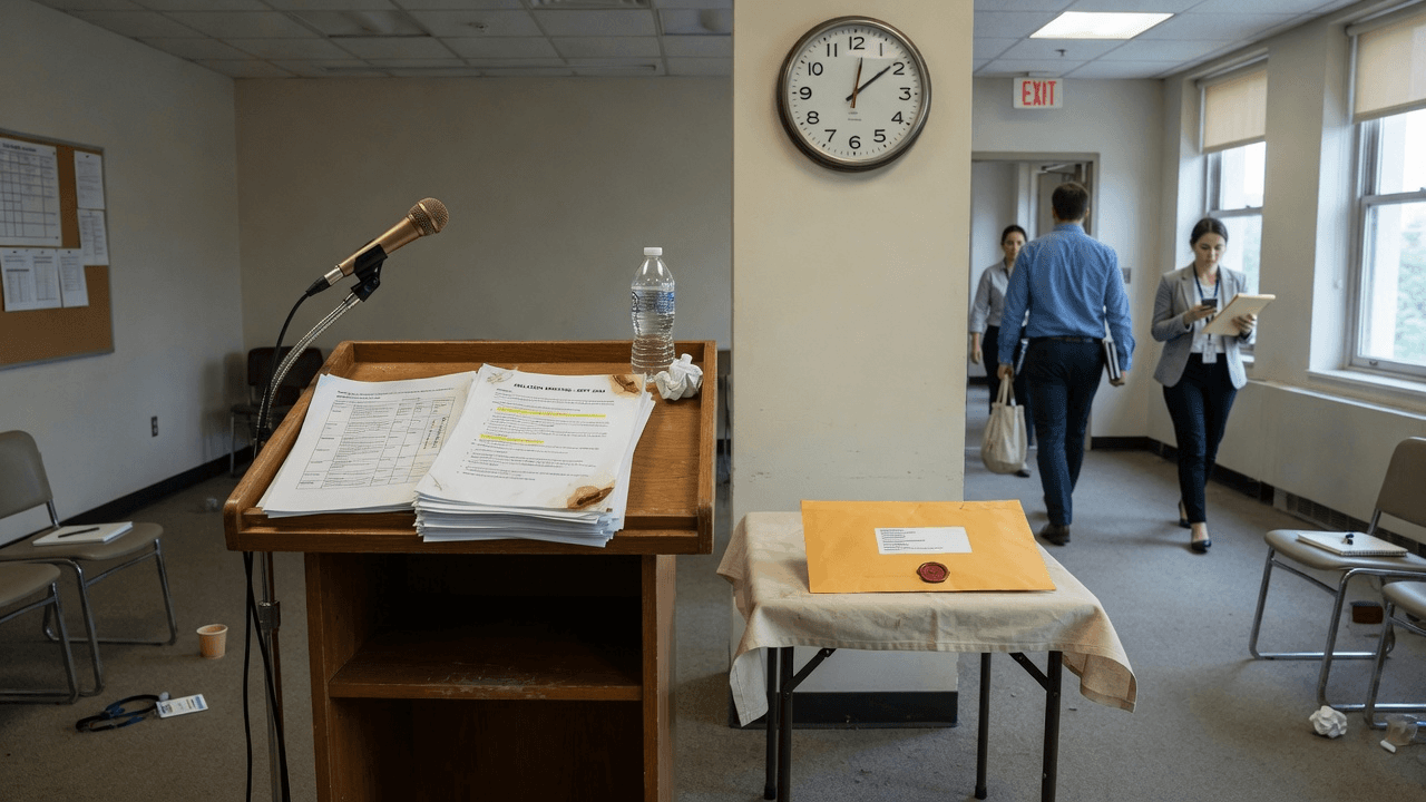 A vacated wooden podium with an inflation stack on the lectern and a sealed envelope left unopened on a side table