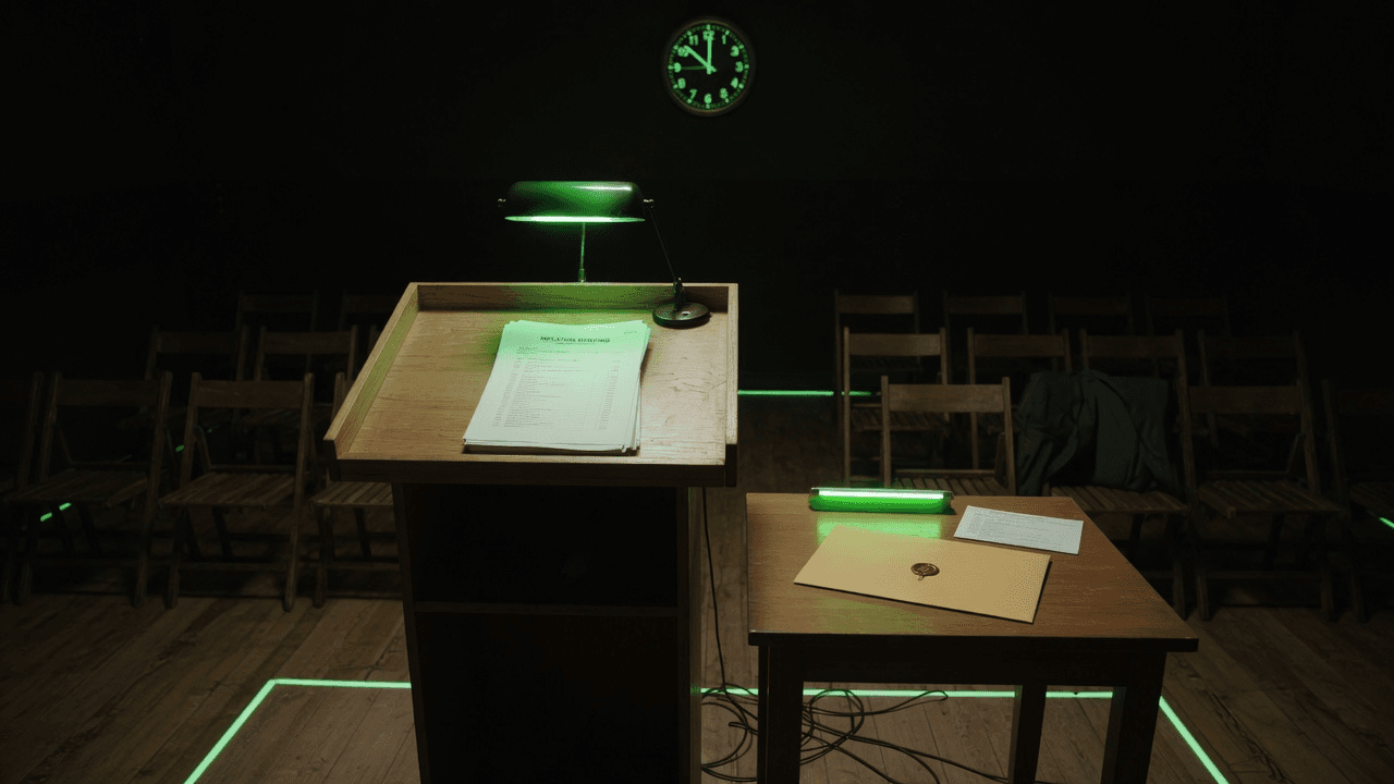A vacated wooden podium with an inflation stack on the lectern and a sealed envelope left unopened on a side table