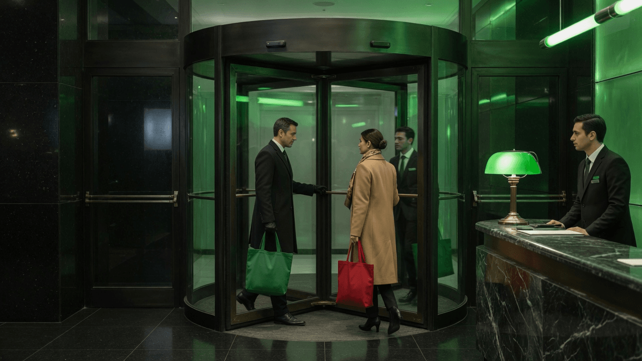 A hotel revolving door spins as guests enter with green bags and leave with a red one