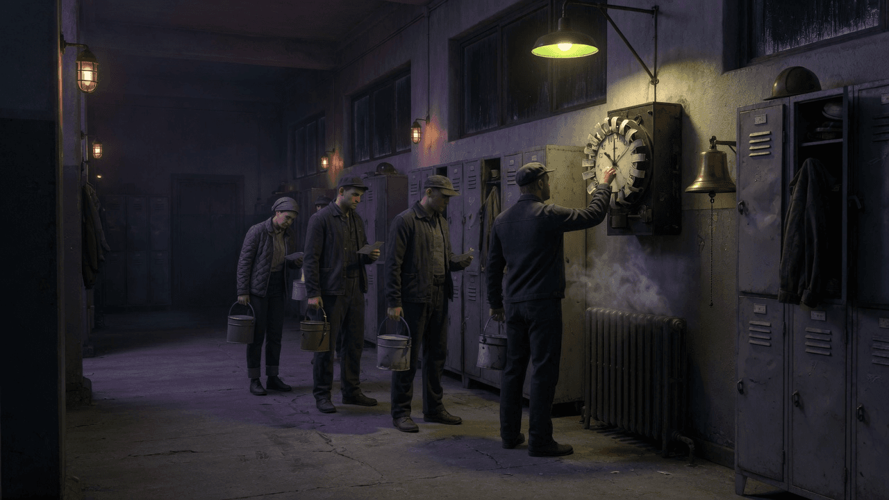 Workers queue at a factory punch-clock on Friday morning, lunch pails in hand