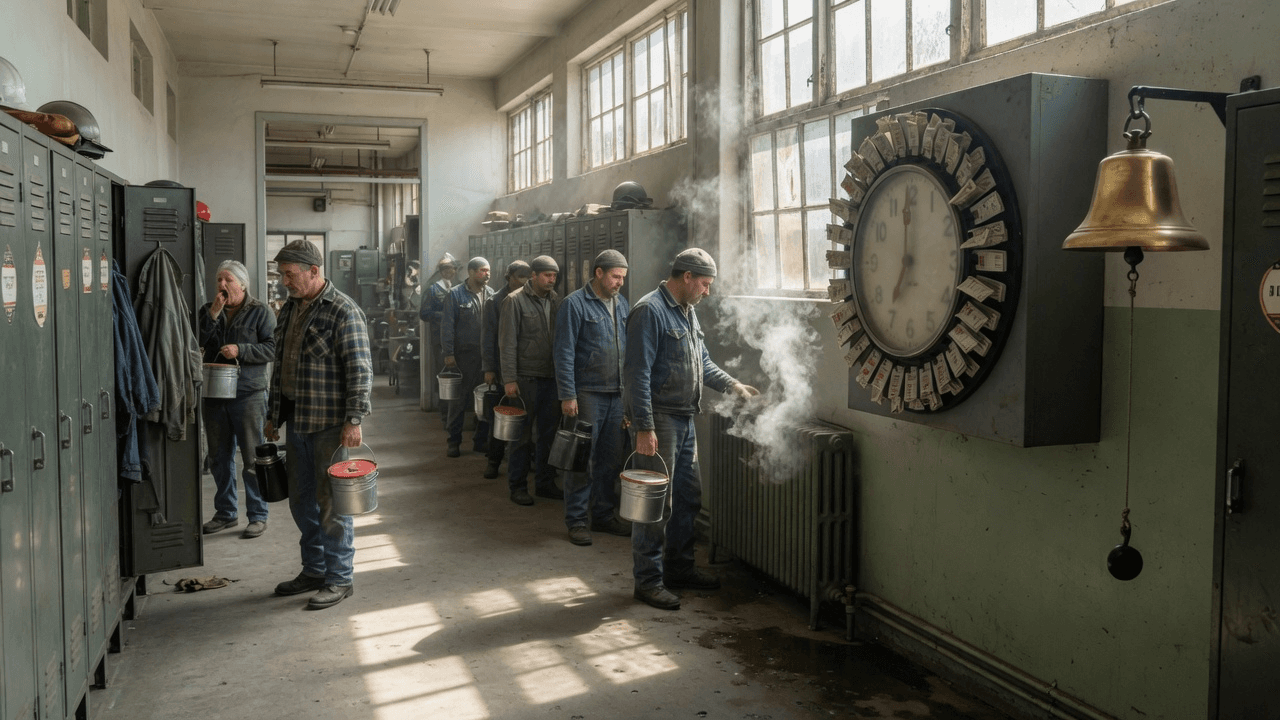 Workers queue at a factory punch-clock on Friday morning, lunch pails in hand
