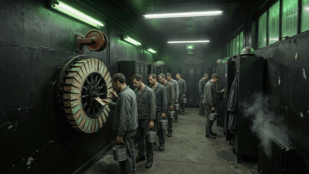 Workers queue at a factory punch-clock on Friday morning, lunch pails in hand
