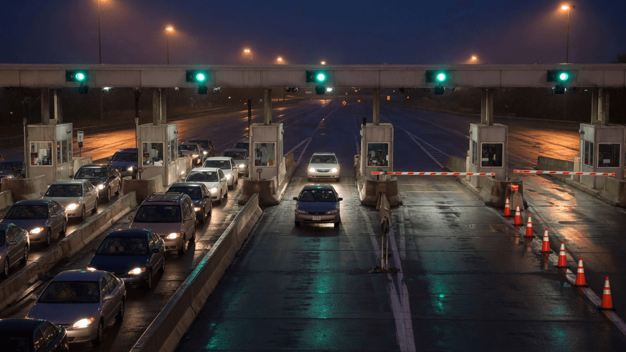 A highway toll plaza packed at green lights on Thursday, two cars rolling through Friday, Monday barrier down for the holiday