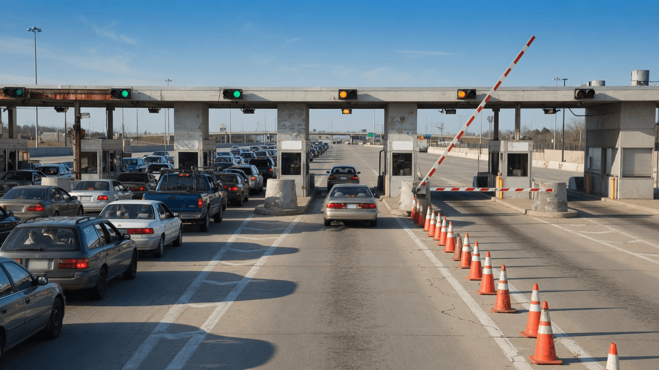 A highway toll plaza packed at green lights on Thursday, two cars rolling through Friday, Monday barrier down for the holiday