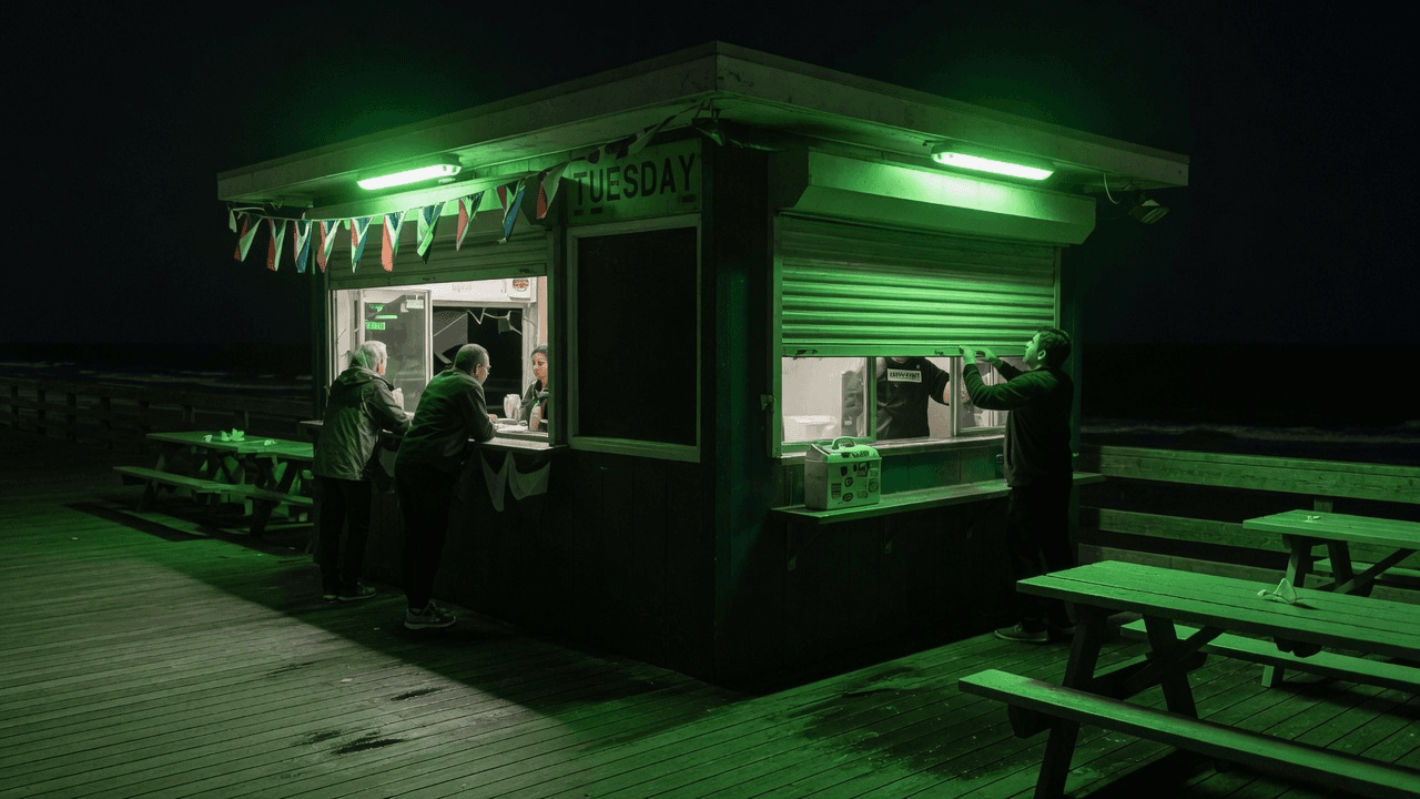 A seaside boardwalk ice cream stand after Labor Day, shutter halfway down with one last customer at the window