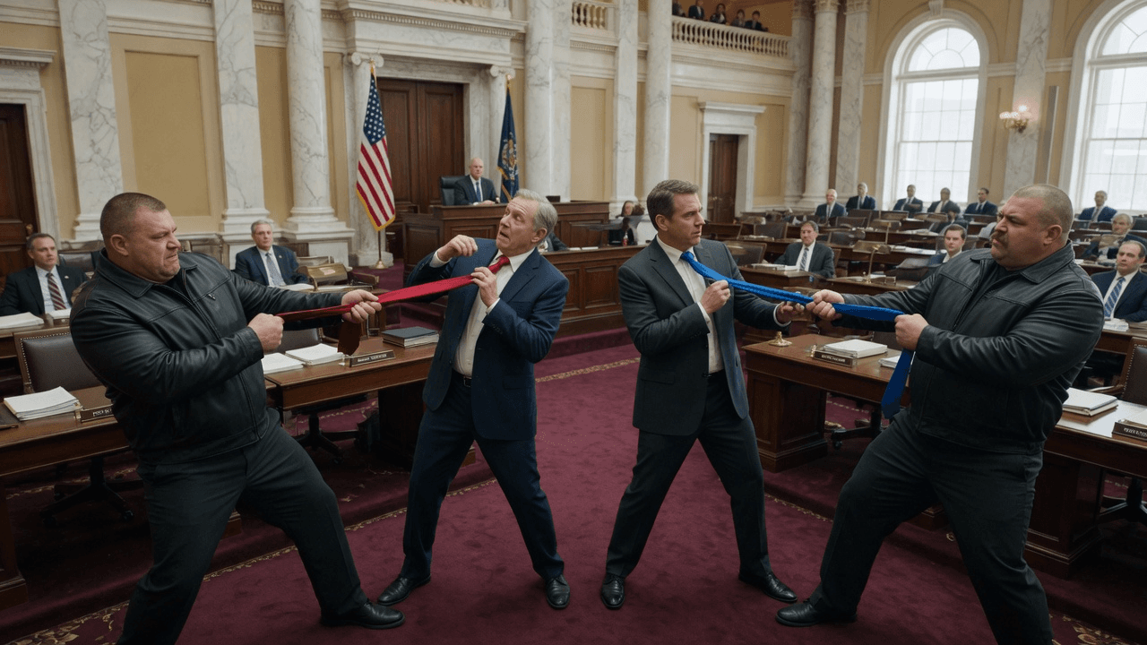 Two brutes on the left and right yank the ties of two US senators standing in the center of the Senate chamber