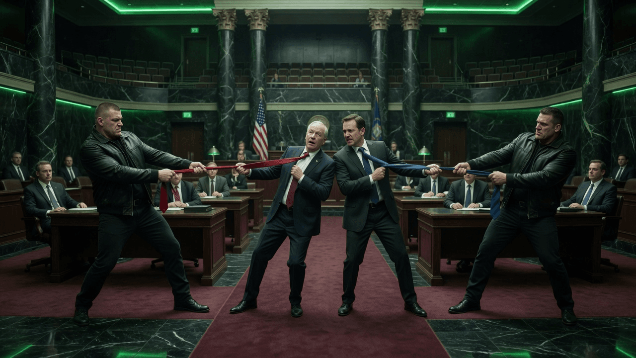 Two brutes on the left and right yank the ties of two US senators standing in the center of the Senate chamber